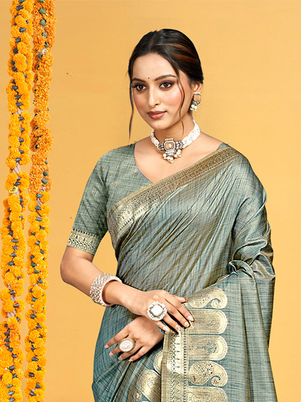 Sangam Prints Teal Assam Silk Woven Work Traditional Saree | Grocsy