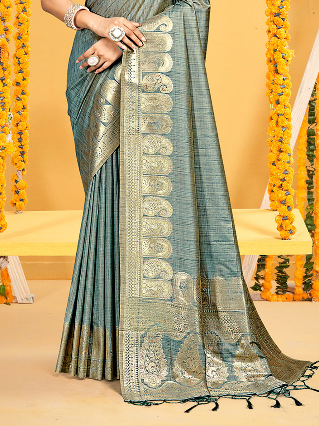 Sangam Prints Teal Assam Silk Woven Work Traditional Saree | Grocsy