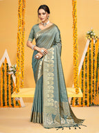 Sangam Prints Teal Assam Silk Woven Work Traditional Saree | Grocsy