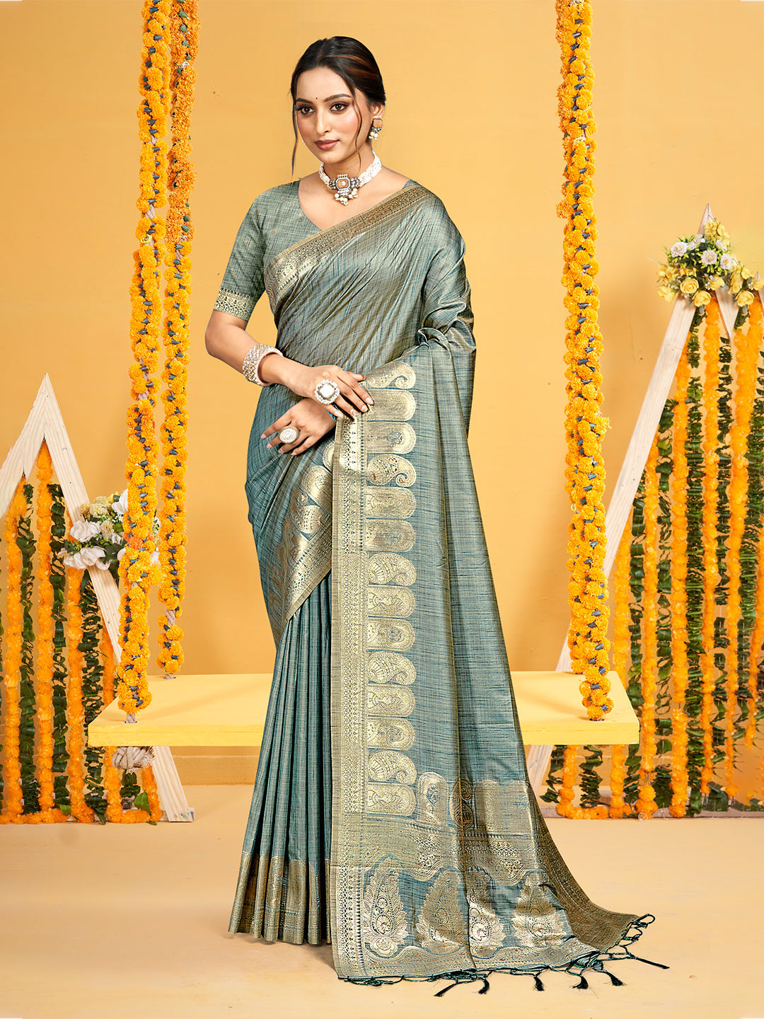 Sangam Prints Teal Assam Silk Woven Work Traditional Saree | Grocsy