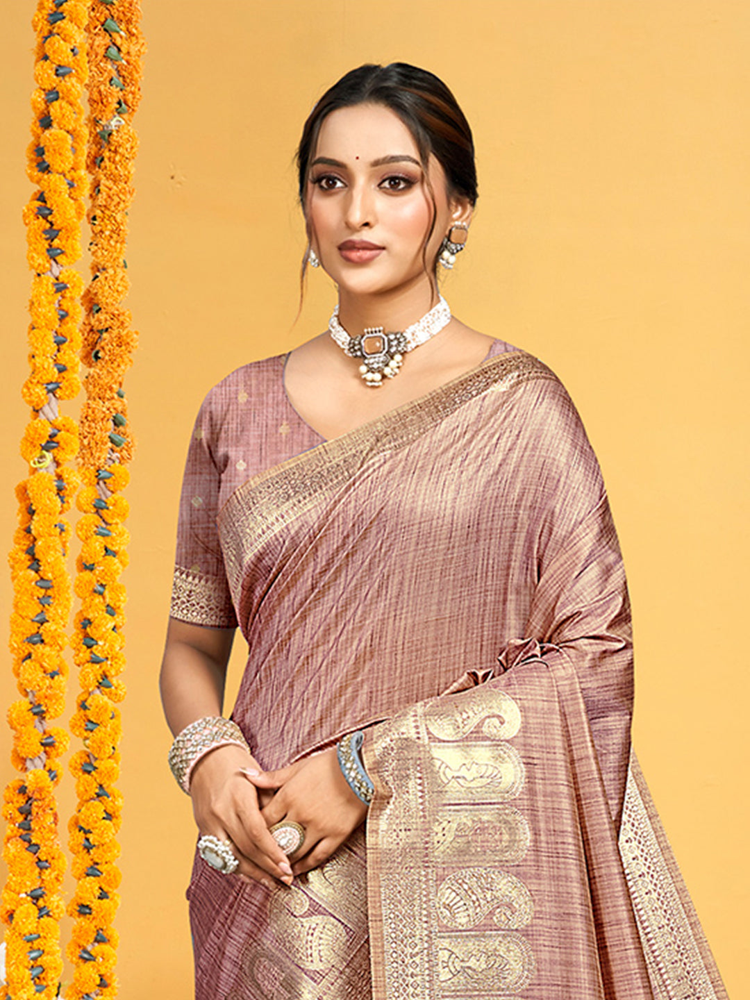Sangam Prints Mauve Assam Silk Woven Work Traditional Saree | Grocsy