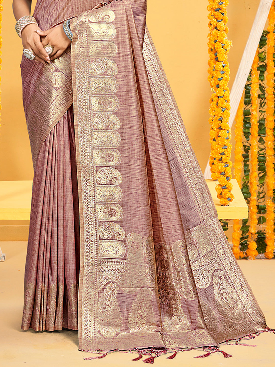 Sangam Prints Mauve Assam Silk Woven Work Traditional Saree | Grocsy