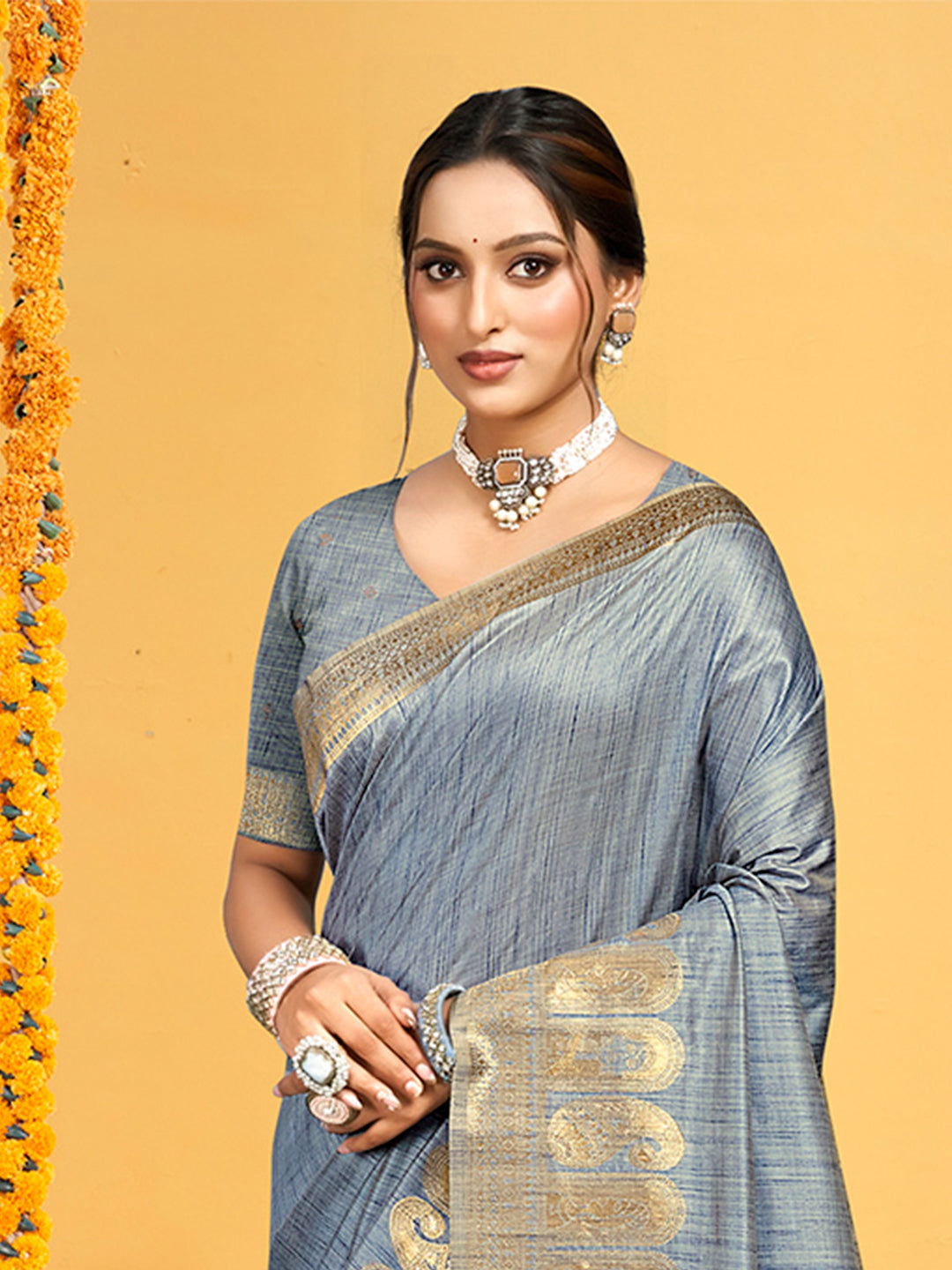 Sangam Prints Grey Assam Silk Woven Work Traditional Saree | Grocsy