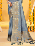 Sangam Prints Grey Assam Silk Woven Work Traditional Saree | Grocsy