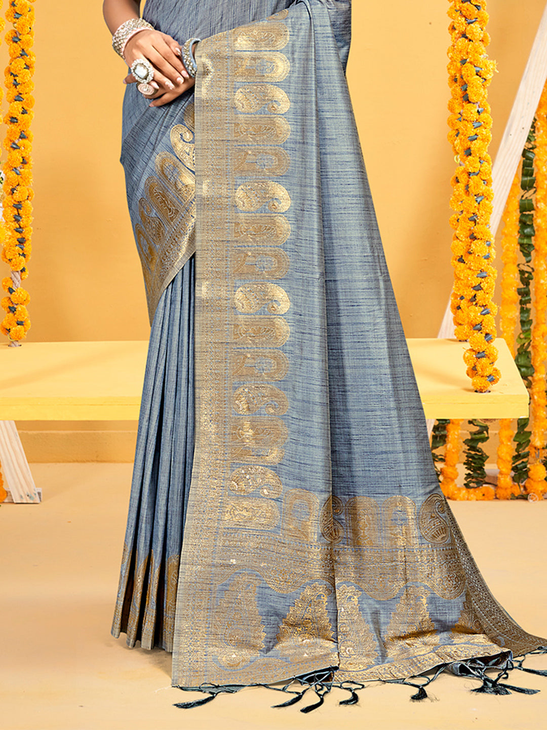 Sangam Prints Grey Assam Silk Woven Work Traditional Saree | Grocsy