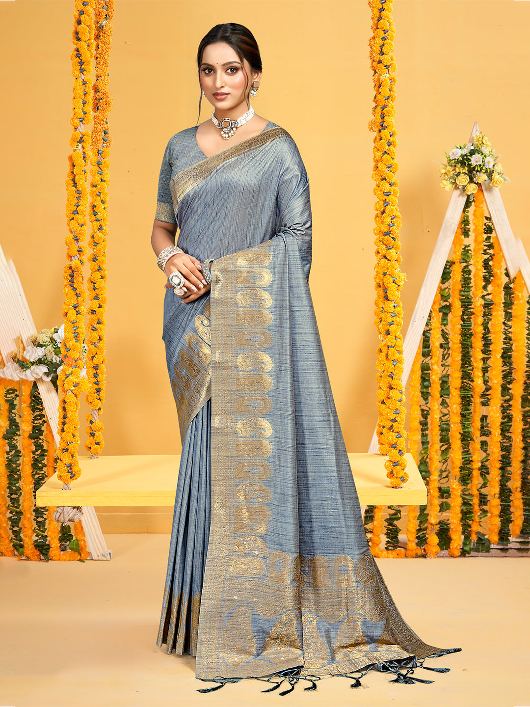 Sangam Prints Grey Assam Silk Woven Work Traditional Saree | Grocsy