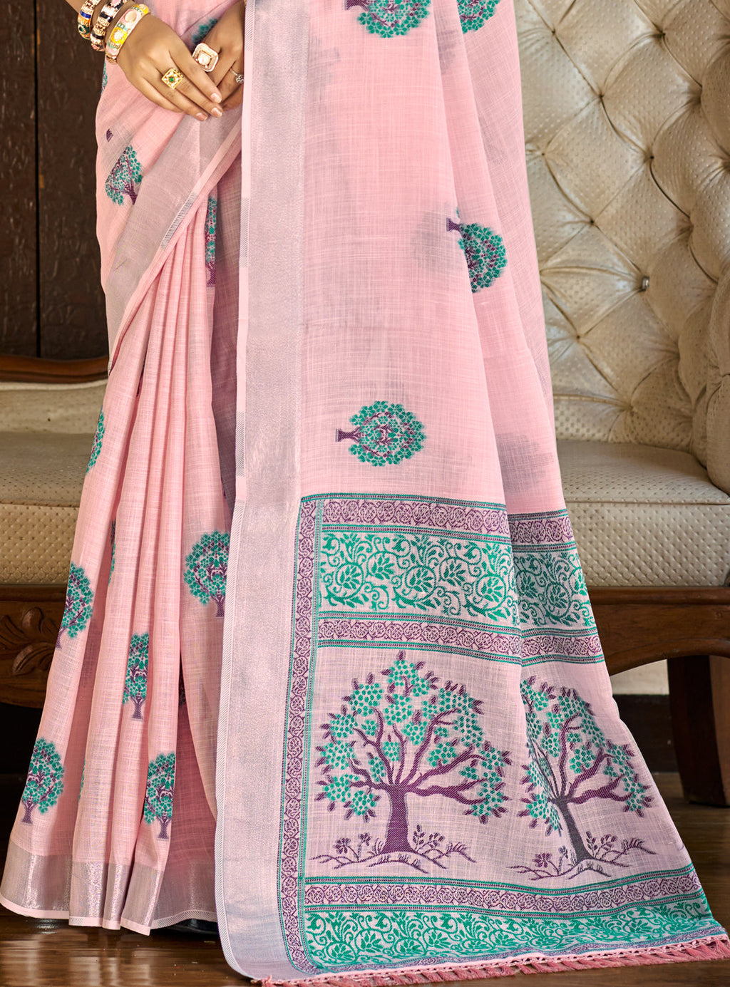 Sangam Prints Dark Pink Linen Woven Work Traditional Saree | Grocsy