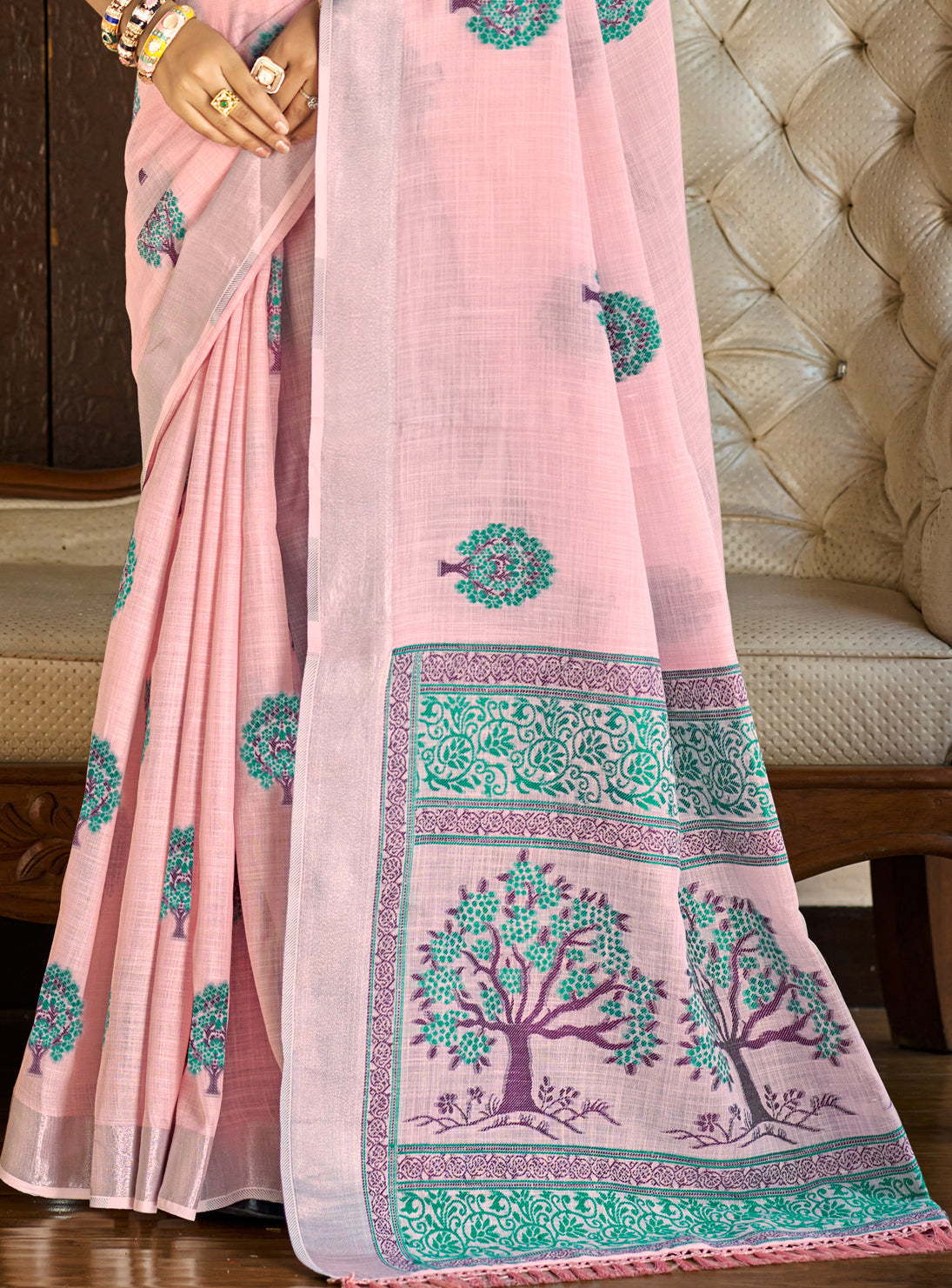 Sangam Prints Dark Pink Linen Woven Work Traditional Saree | Grocsy