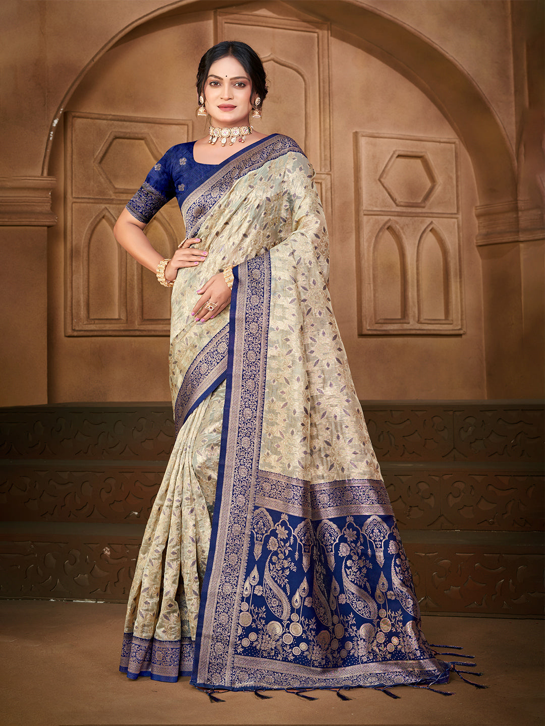 Sangam Prints Off-White Silk Woven Work Traditional Saree | Grocsy