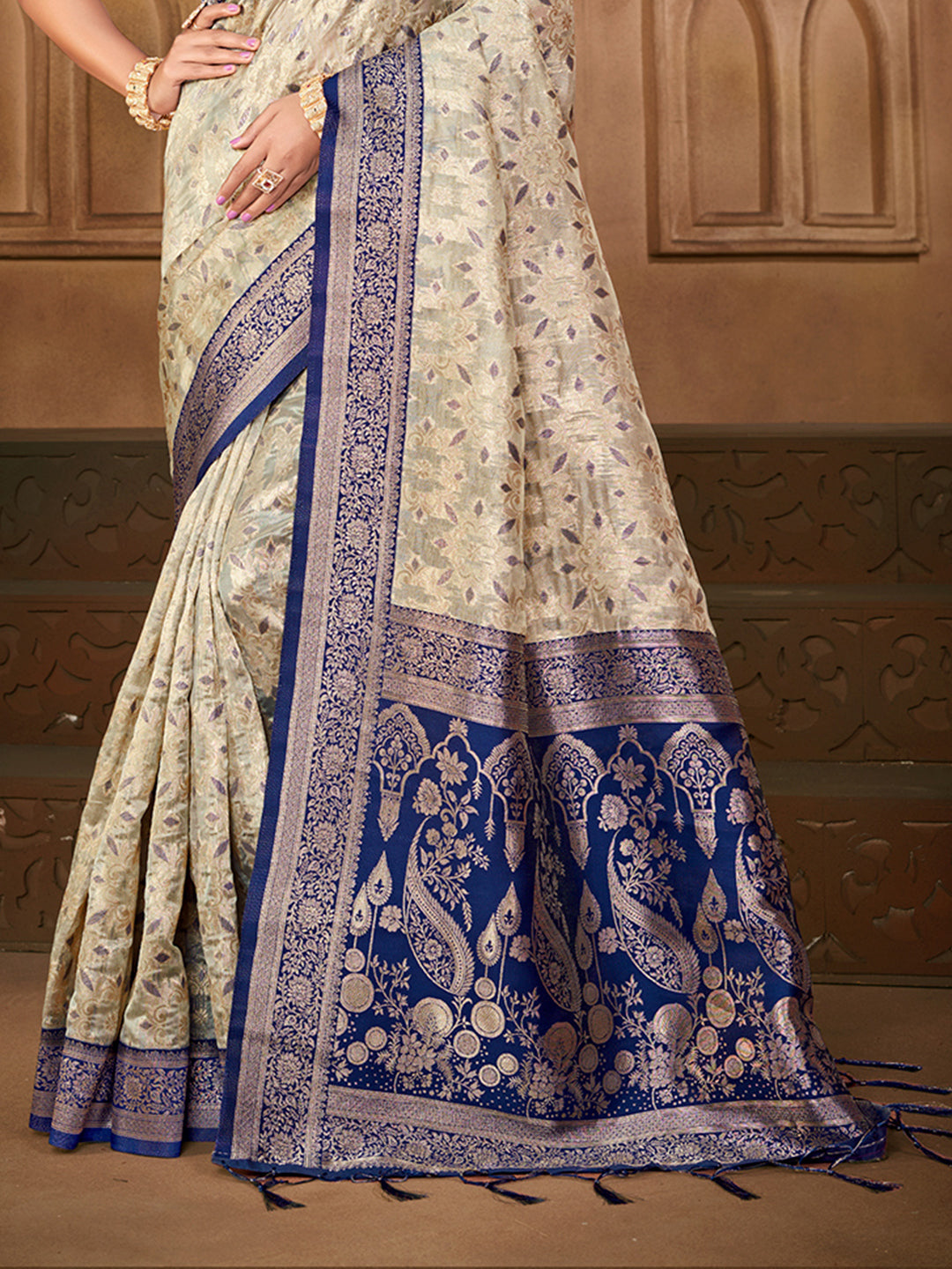 Sangam Prints Off-White Silk Woven Work Traditional Saree | Grocsy