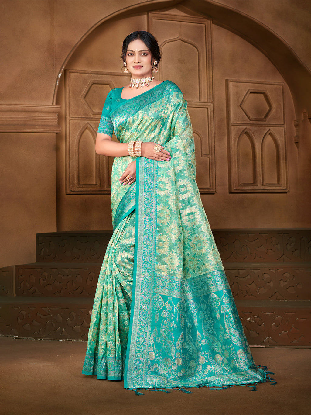 Sangam Prints  Sea Green Silk Woven Work Traditional Saree | Grocsy