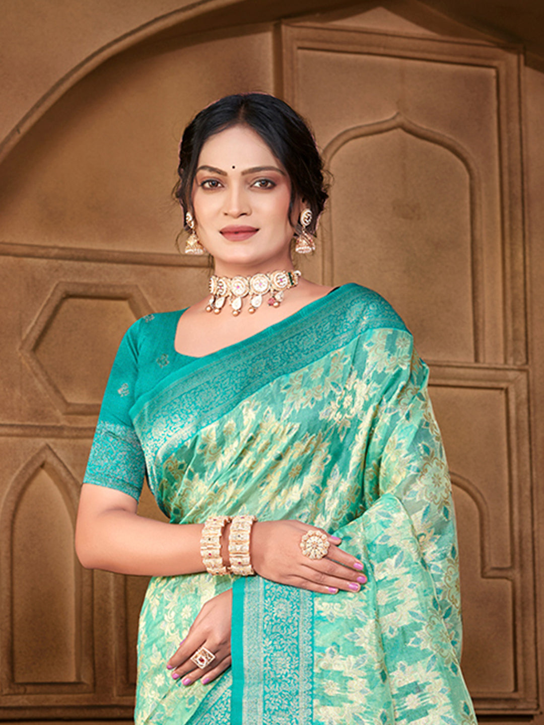 Sangam Prints  Sea Green Silk Woven Work Traditional Saree | Grocsy