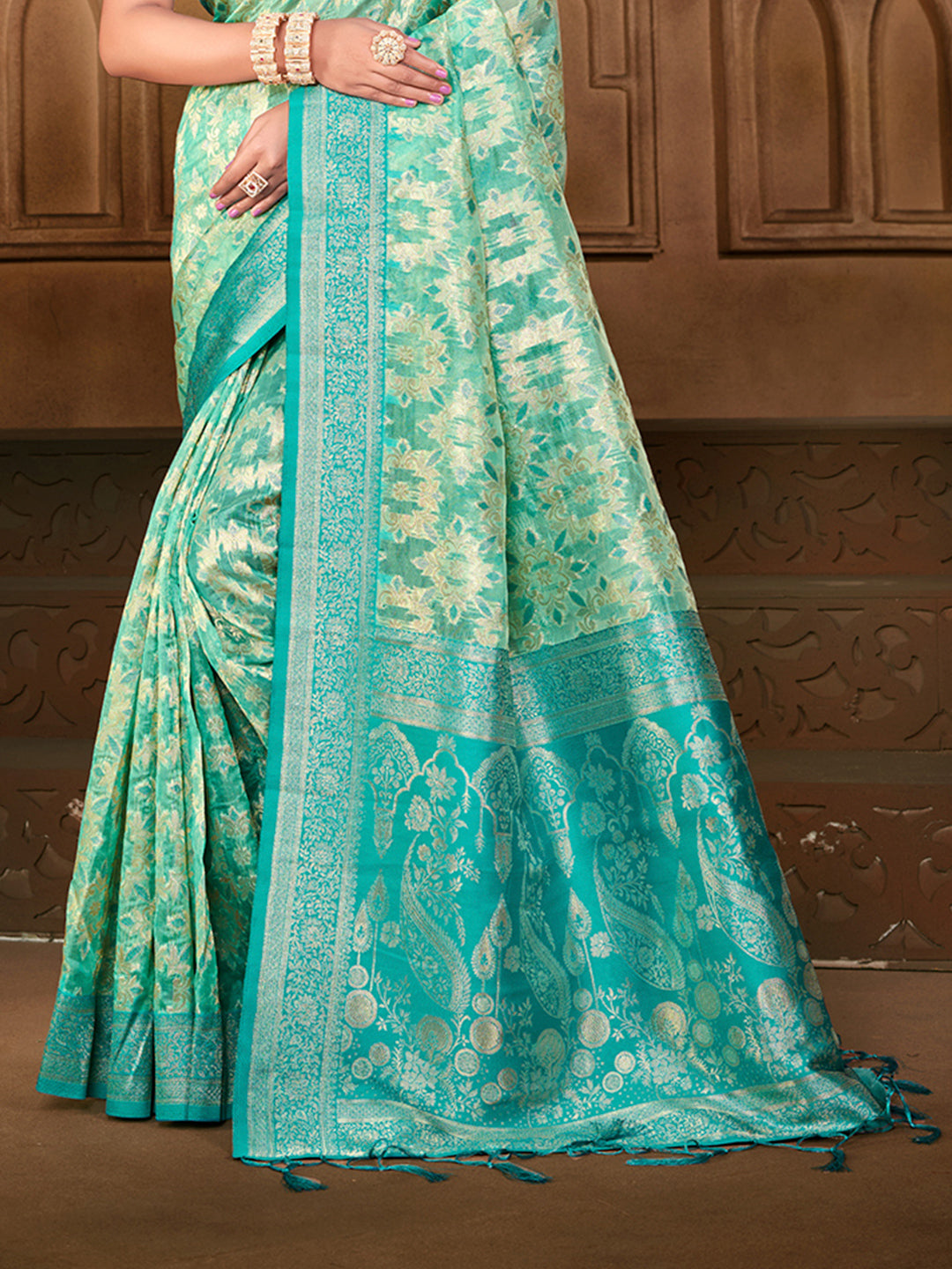 Sangam Prints  Sea Green Silk Woven Work Traditional Saree | Grocsy