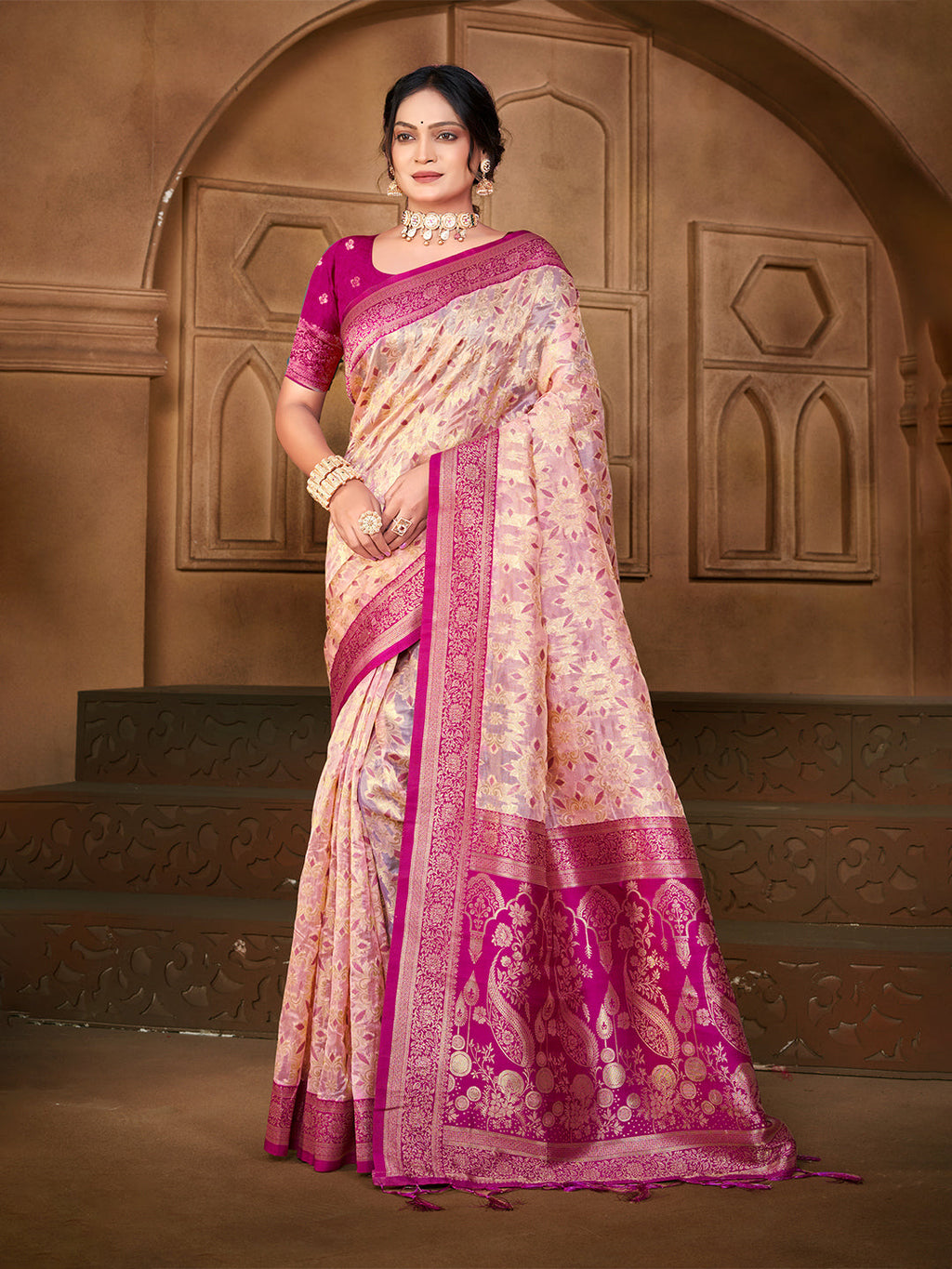 Sangam Prints Peach  Silk Woven Work Traditional Saree | Grocsy