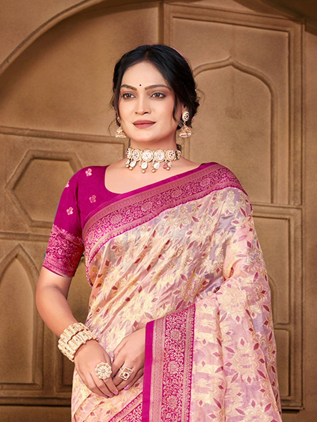 Sangam Prints Peach  Silk Woven Work Traditional Saree | Grocsy