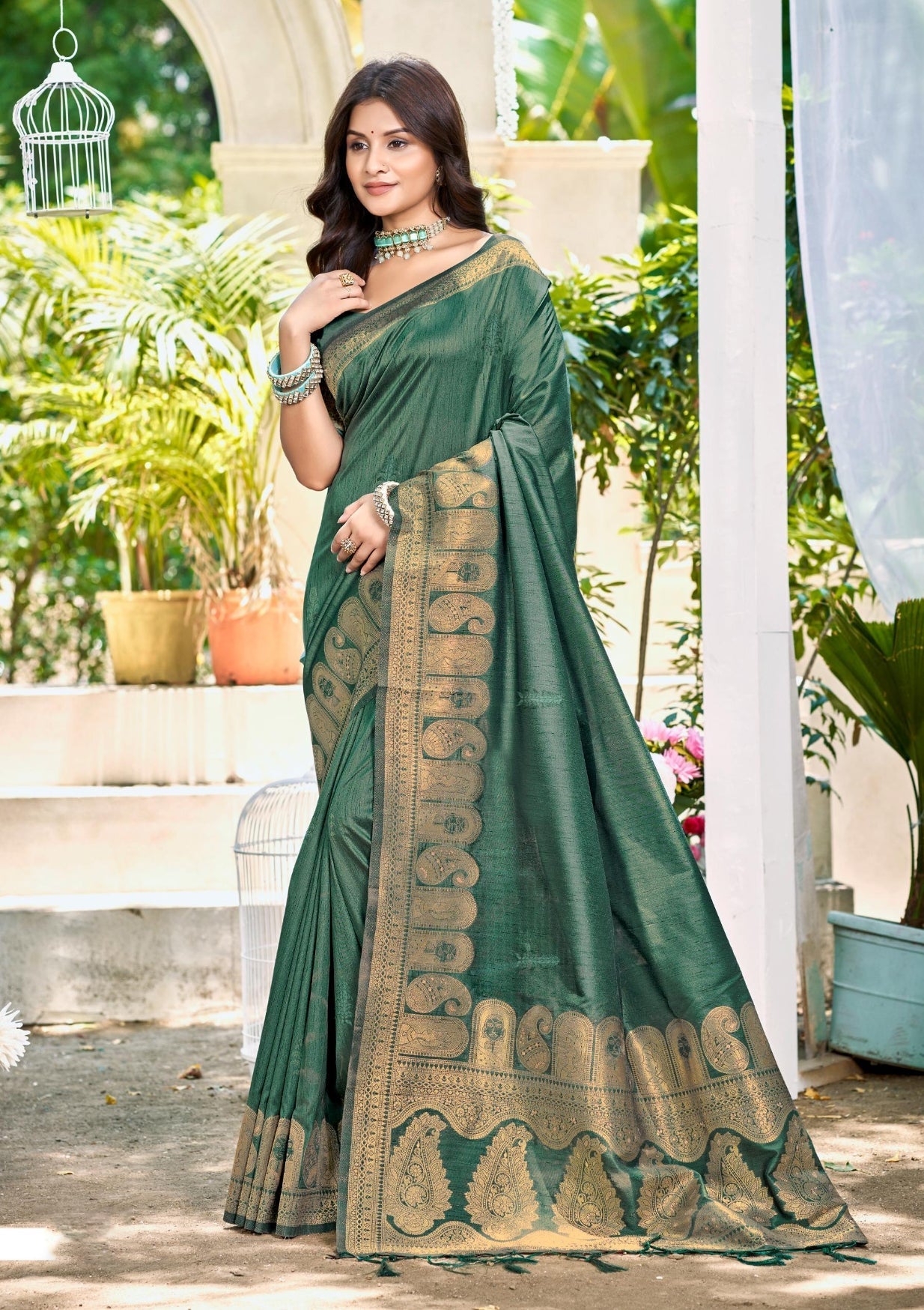 Sangam Prints Dark Green Assam Silk Woven Work Traditional Saree | Grocsy