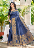 Sangam Prints Navy Blue Assam Silk Woven Work Traditional Saree | Grocsy
