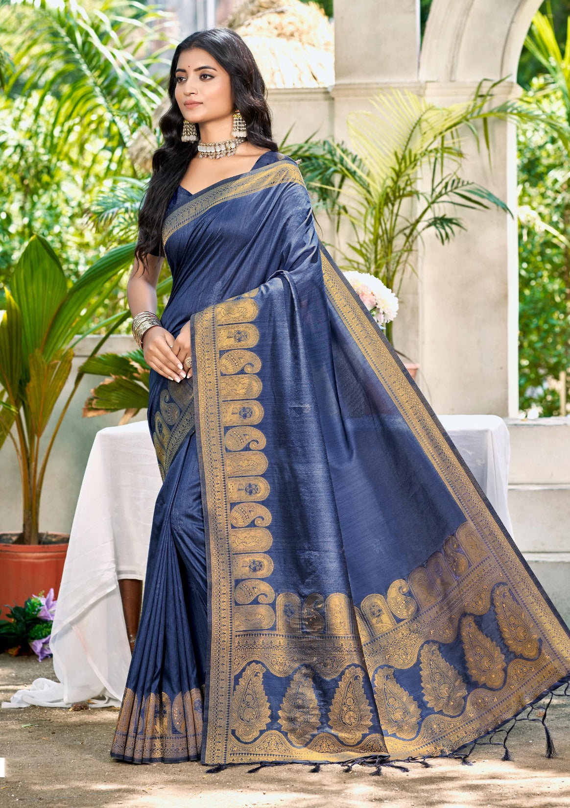 Sangam Prints Navy Blue Assam Silk Woven Work Traditional Saree | Grocsy