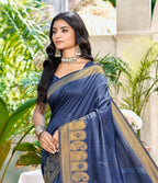 Sangam Prints Navy Blue Assam Silk Woven Work Traditional Saree | Grocsy