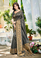 Sangam Prints Gray Assam Silk Woven Work Traditional Saree | Grocsy