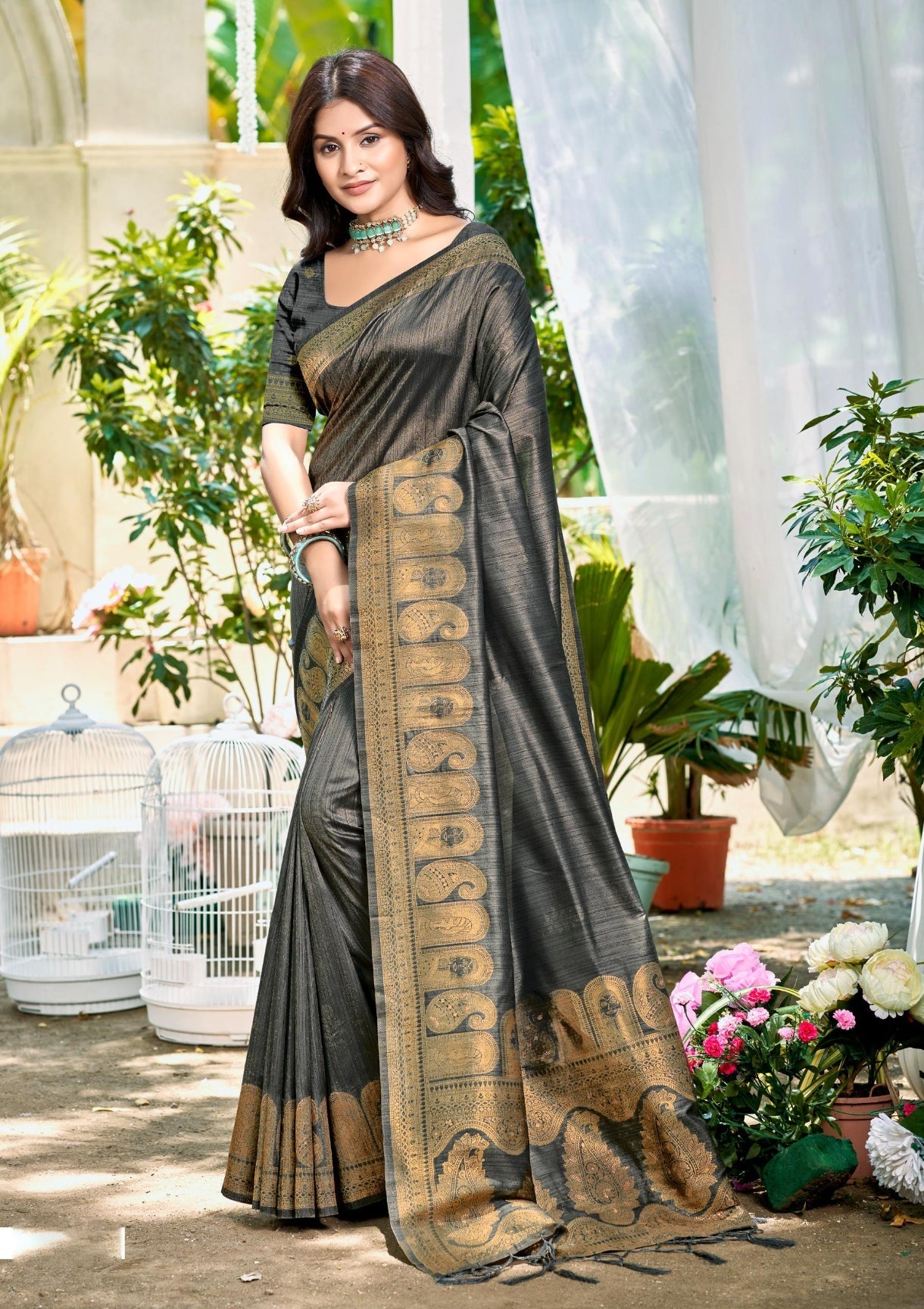 Sangam Prints Gray Assam Silk Woven Work Traditional Saree | Grocsy