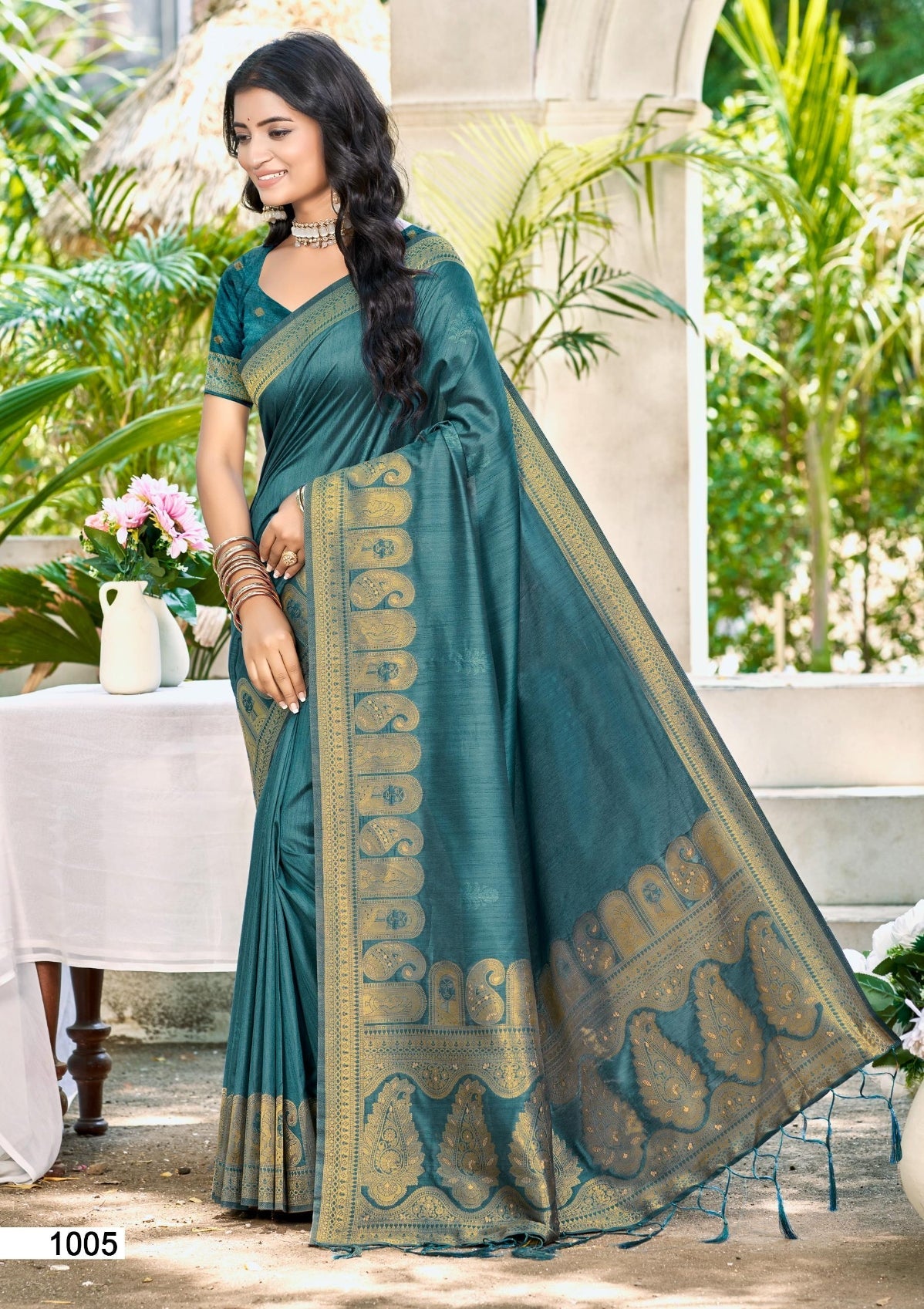 Sangam Prints Turquoise Assam Silk Woven Work Traditional Saree | Grocsy