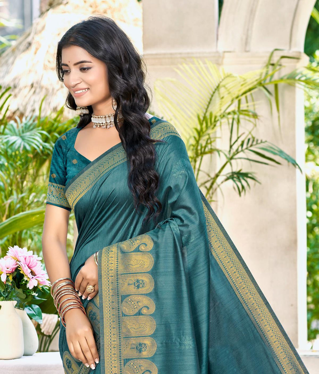 Sangam Prints Turquoise Assam Silk Woven Work Traditional Saree | Grocsy