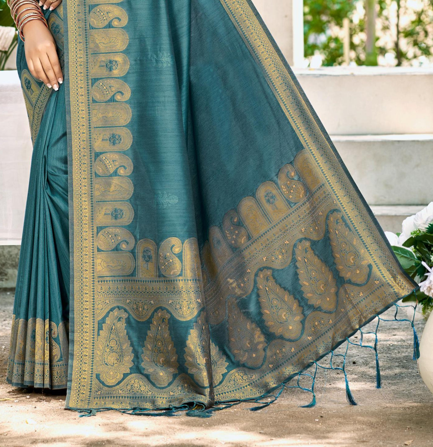 Sangam Prints Turquoise Assam Silk Woven Work Traditional Saree | Grocsy