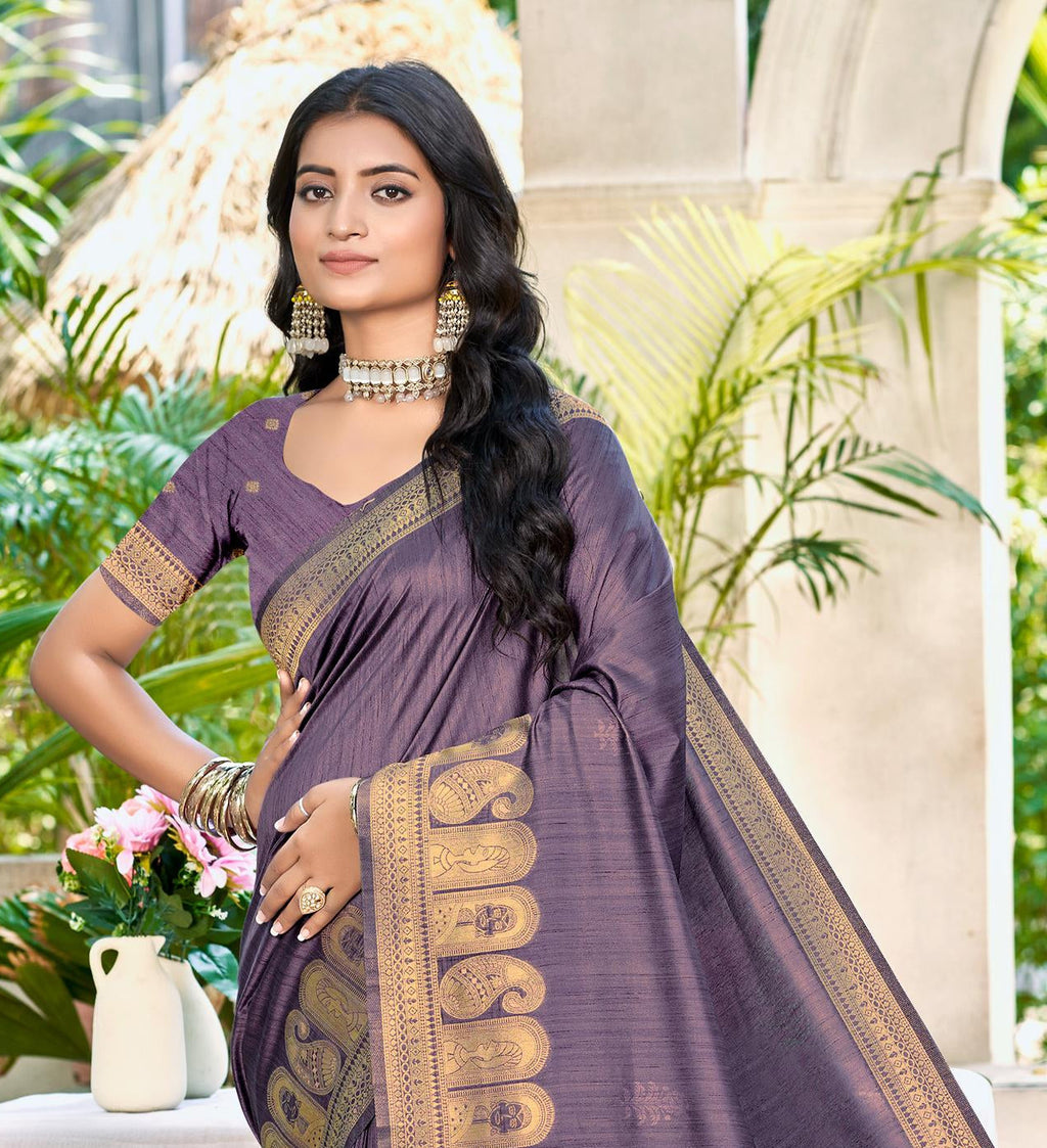 Sangam Prints Purple Assam Silk Woven Work Traditional Saree | Grocsy