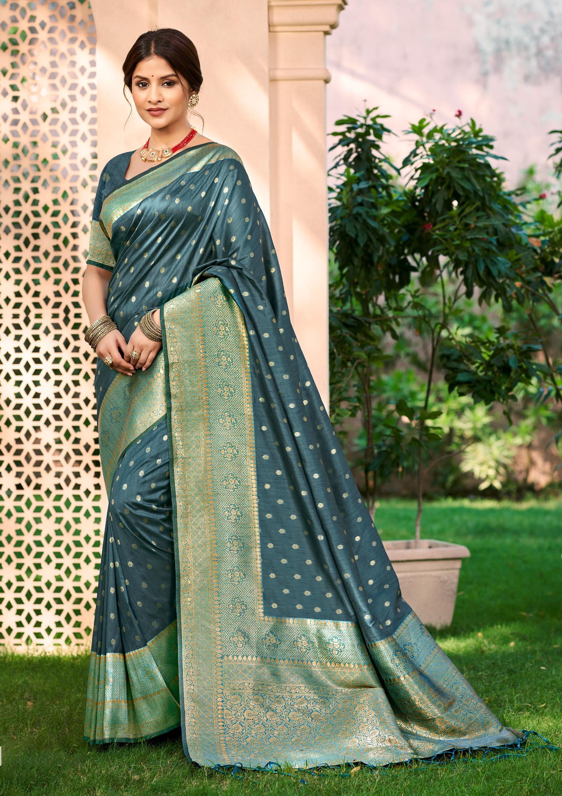 Sangam Prints Dark Turquoise Assam Silk Woven Work Traditional Saree | Grocsy