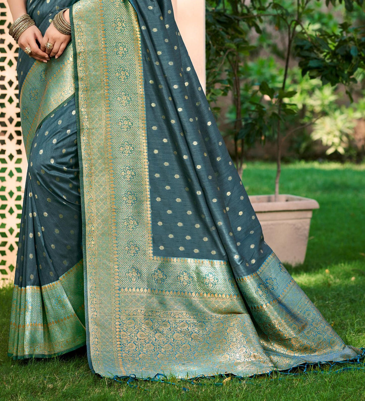 Sangam Prints Dark Turquoise Assam Silk Woven Work Traditional Saree | Grocsy