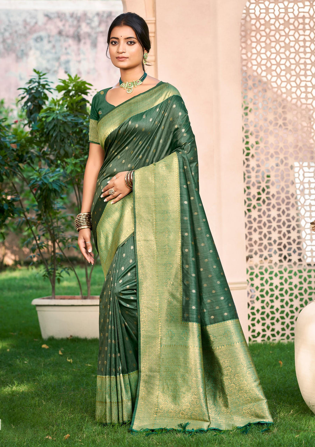 Sangam Prints Dark green Assam Silk Woven Work Traditional Saree | Grocsy