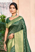 Sangam Prints Dark green Assam Silk Woven Work Traditional Saree | Grocsy