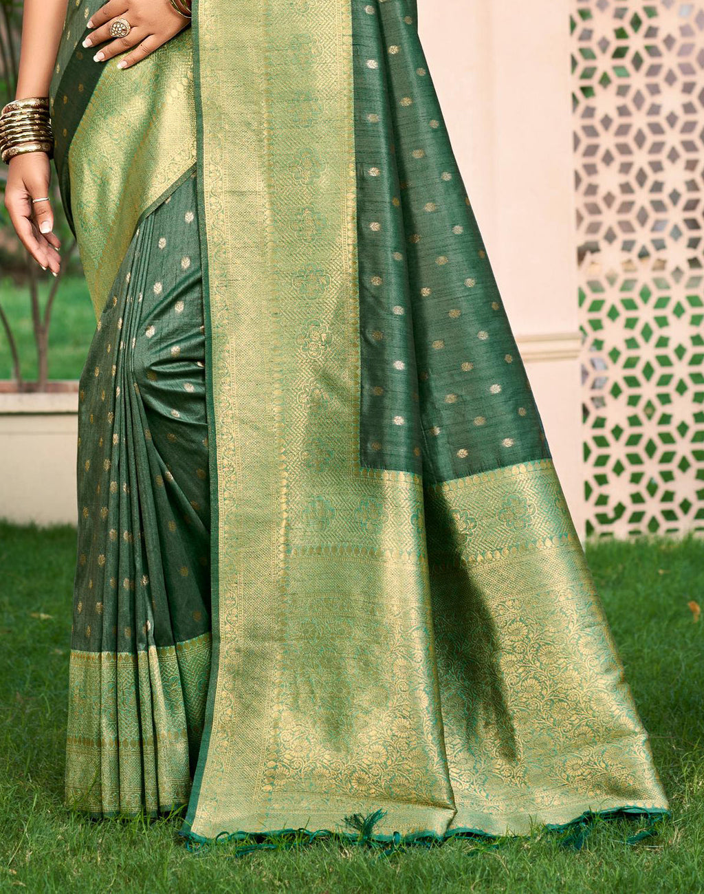 Sangam Prints Dark green Assam Silk Woven Work Traditional Saree | Grocsy