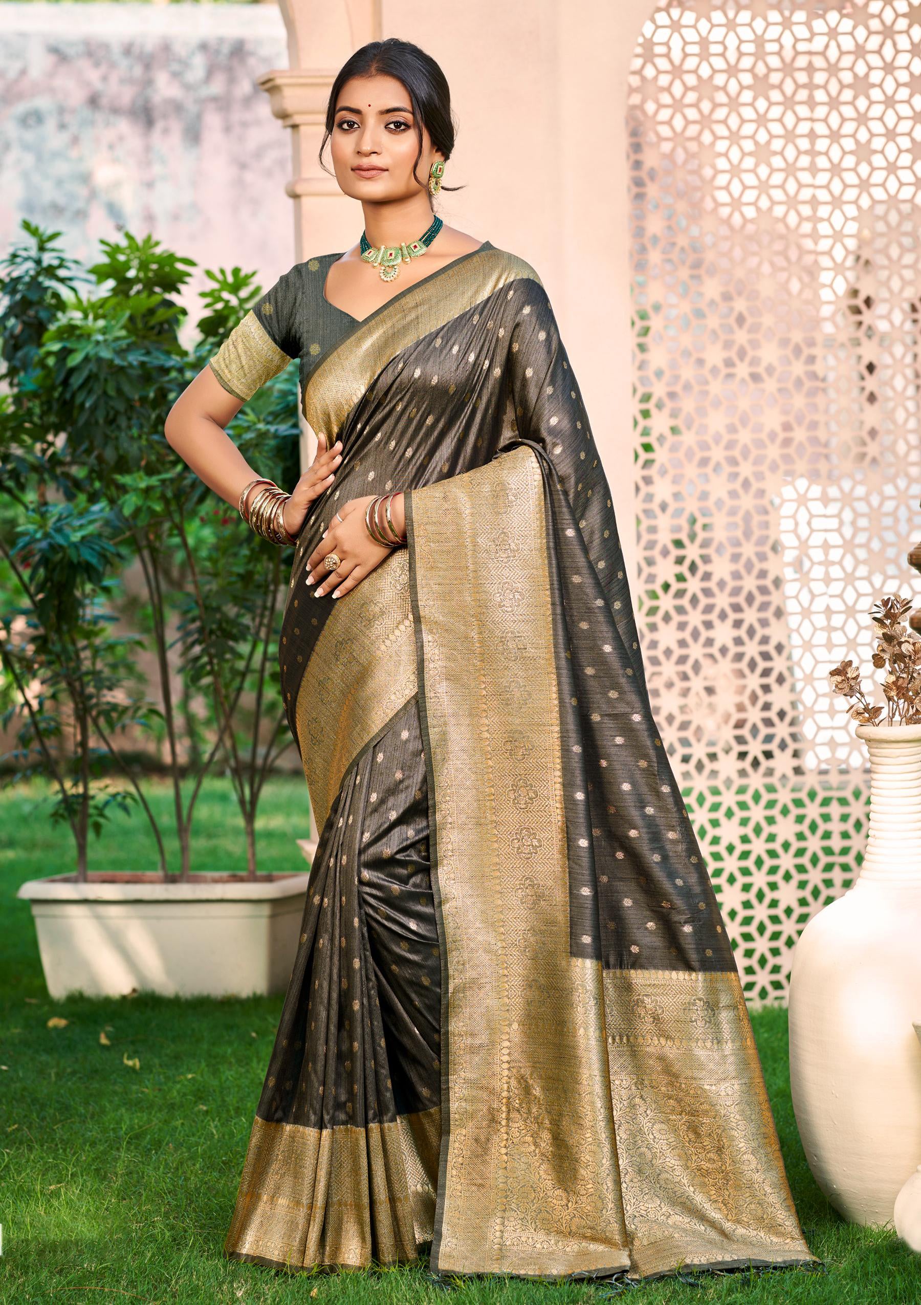 Sangam Prints Gray Assam Silk Woven Work Traditional Saree | Grocsy