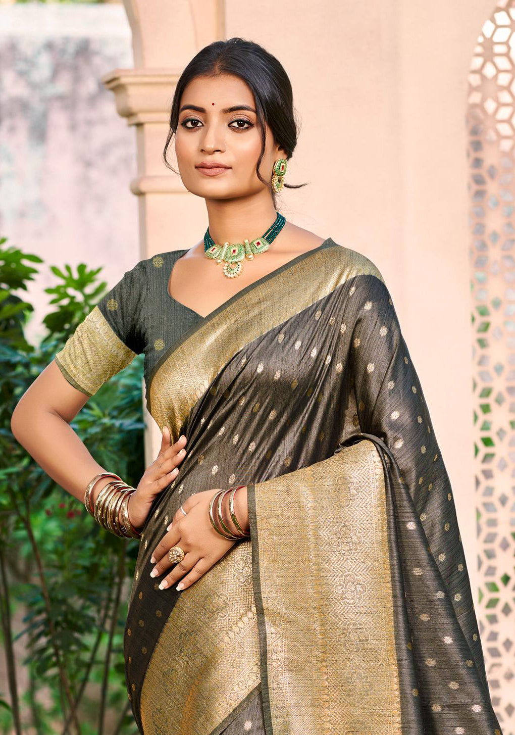 Sangam Prints Gray Assam Silk Woven Work Traditional Saree | Grocsy