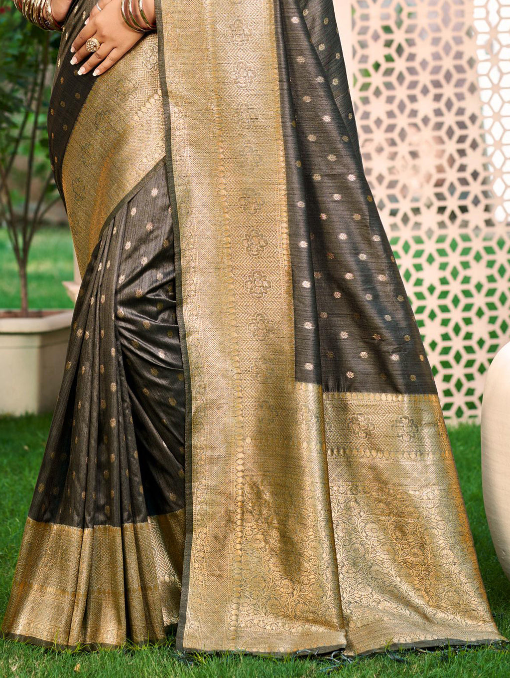 Sangam Prints Gray Assam Silk Woven Work Traditional Saree | Grocsy