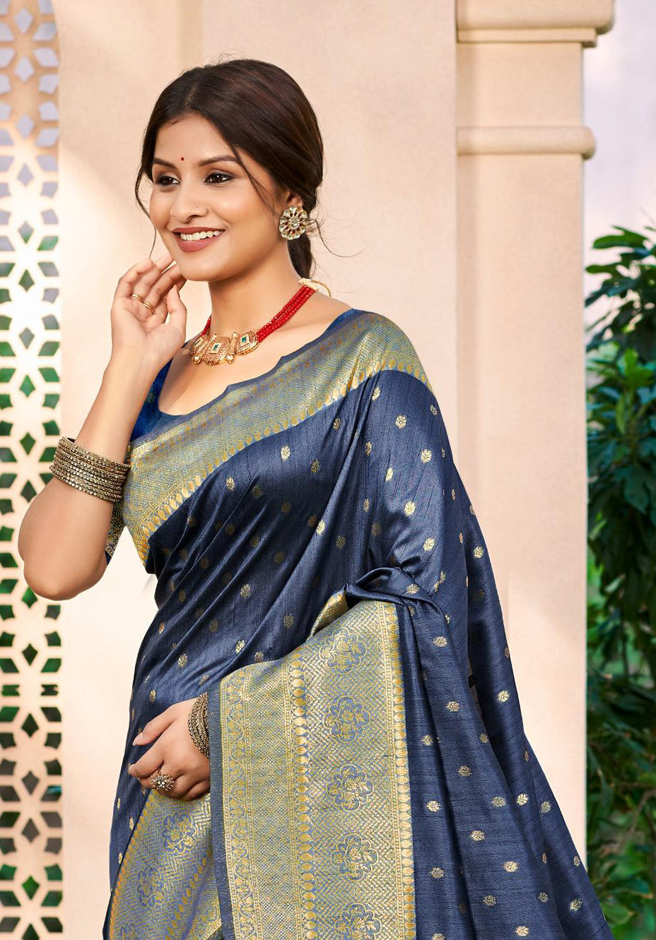 Sangam Prints Navy Blue Assam Silk Woven Work Traditional Saree | Grocsy