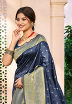 Sangam Prints Navy Blue Assam Silk Woven Work Traditional Saree | Grocsy
