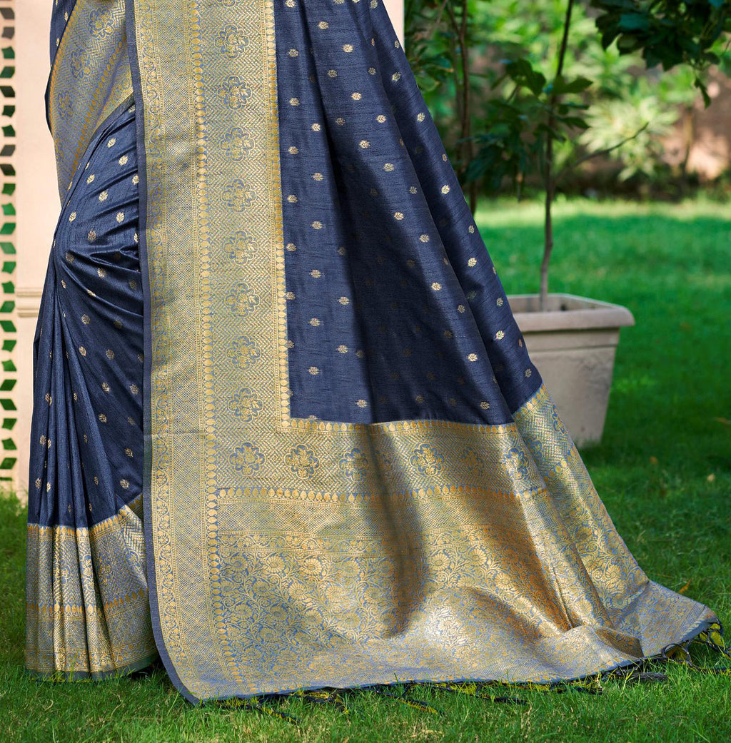 Sangam Prints Navy Blue Assam Silk Woven Work Traditional Saree | Grocsy