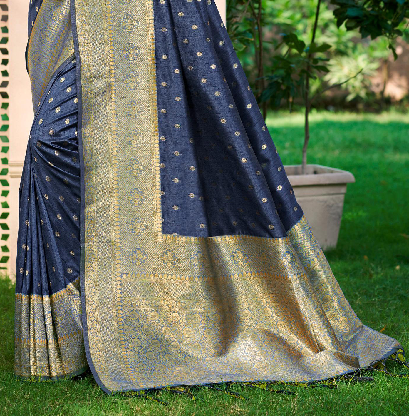 Sangam Prints Navy Blue Assam Silk Woven Work Traditional Saree | Grocsy