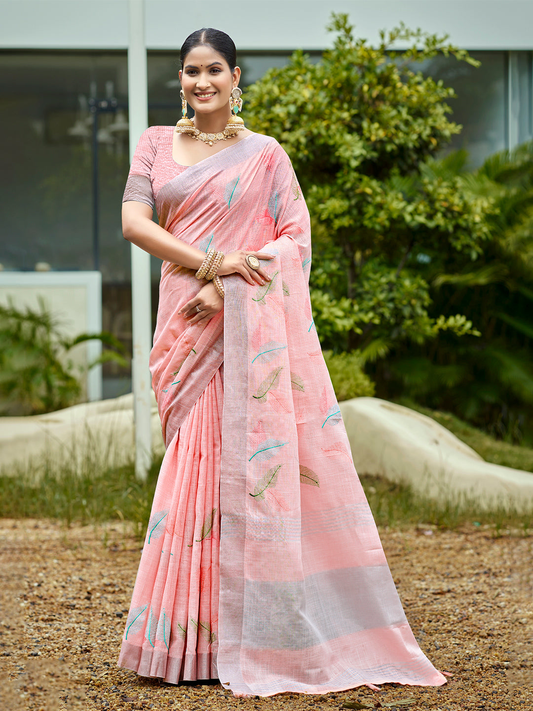 Sangam Prints Peach Linen Woven Work Traditional Saree | Grocsy