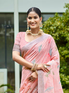 Sangam Prints Peach Linen Woven Work Traditional Saree | Grocsy