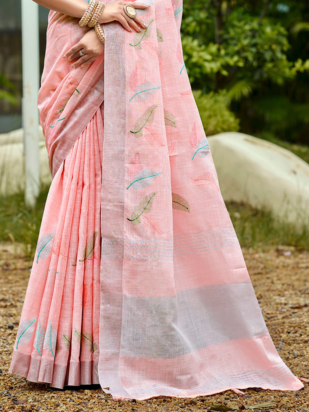 Sangam Prints Peach Linen Woven Work Traditional Saree | Grocsy