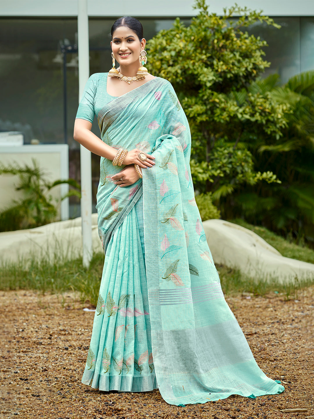Sangam Prints Aqua Blue Linen Woven Work Traditional Saree | Grocsy