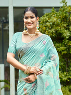 Sangam Prints Aqua Blue Linen Woven Work Traditional Saree | Grocsy