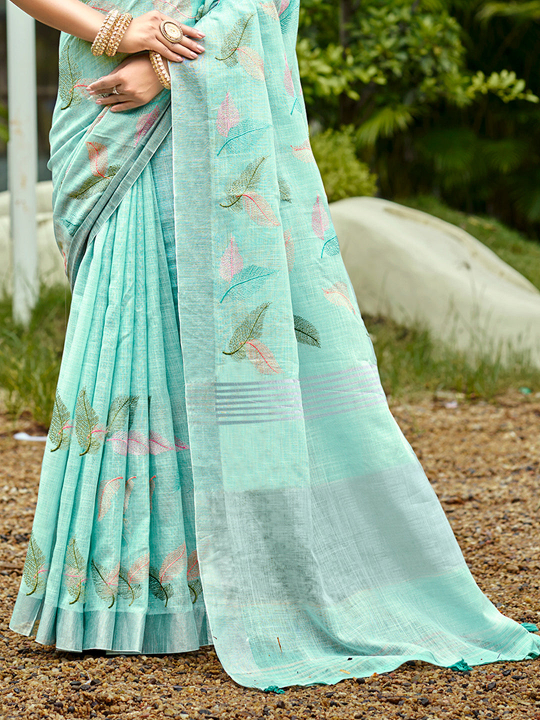 Sangam Prints Aqua Blue Linen Woven Work Traditional Saree | Grocsy