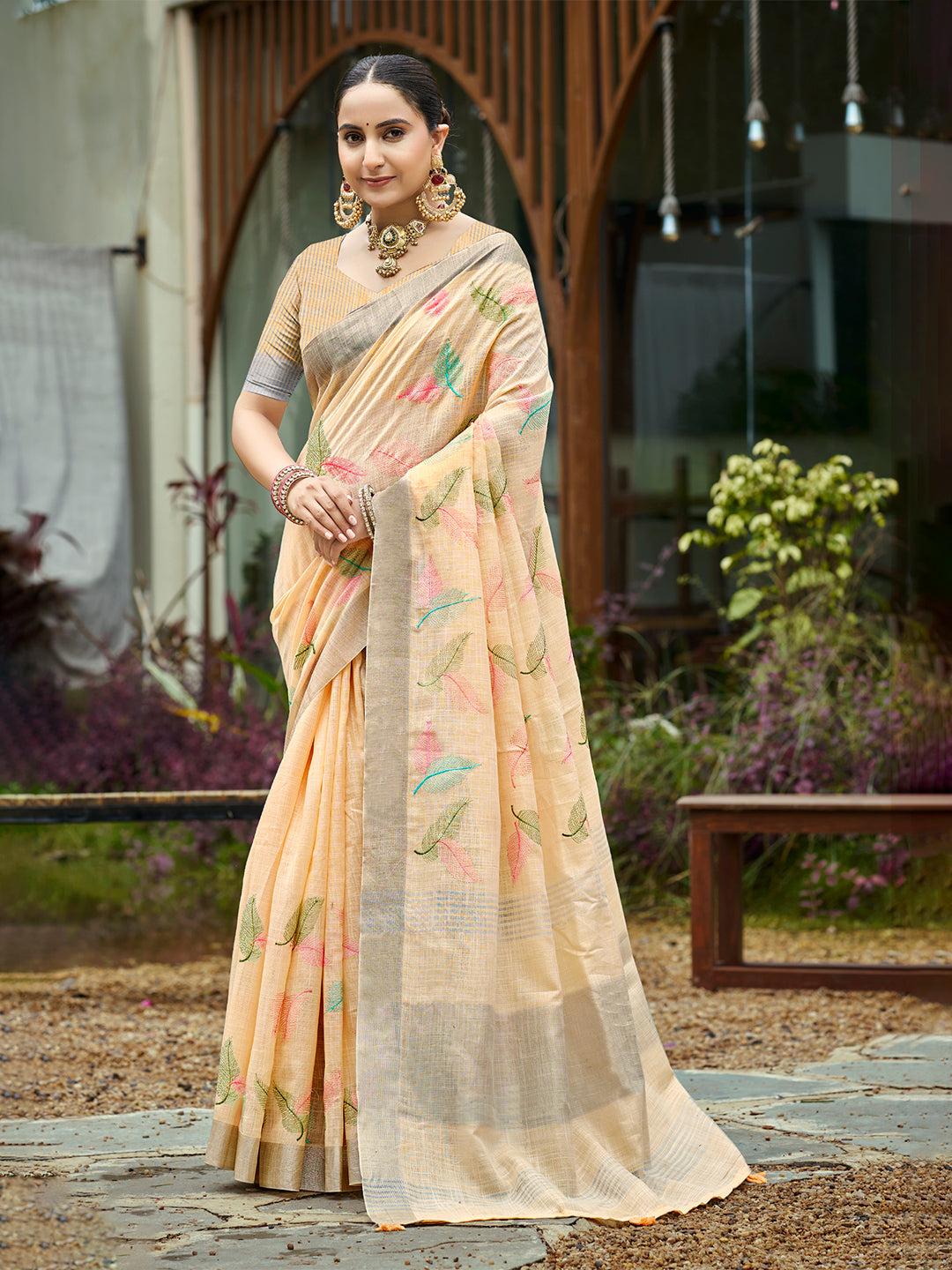 Sangam Prints Orange  Linen Woven Work Traditional Saree | Grocsy