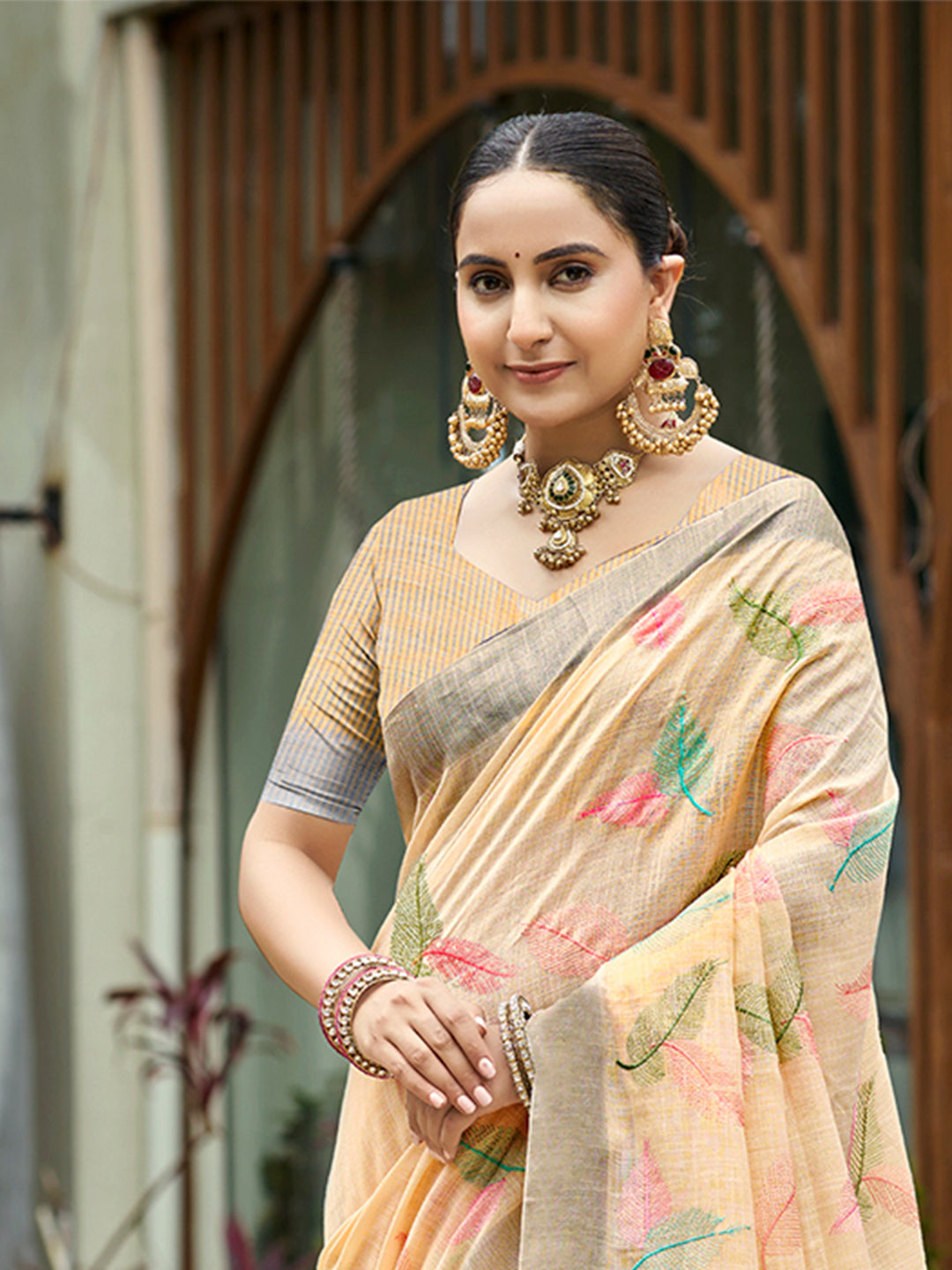 Sangam Prints Orange  Linen Woven Work Traditional Saree | Grocsy