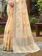Sangam Prints Orange  Linen Woven Work Traditional Saree | Grocsy